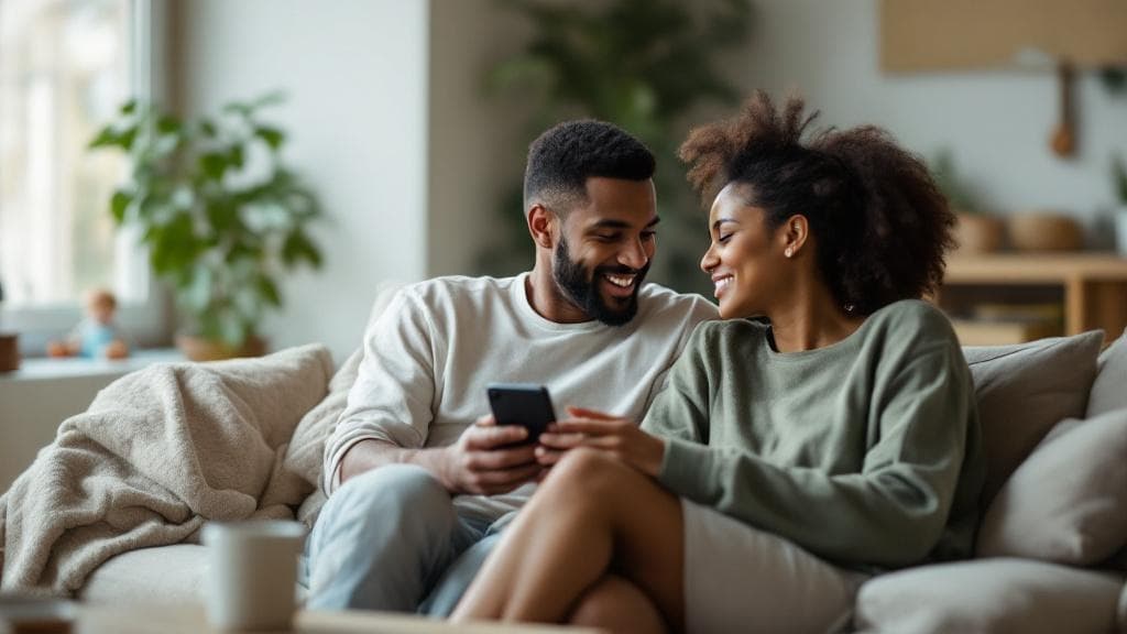 A couple sitting on a couch, using TogetherTalk on their phone